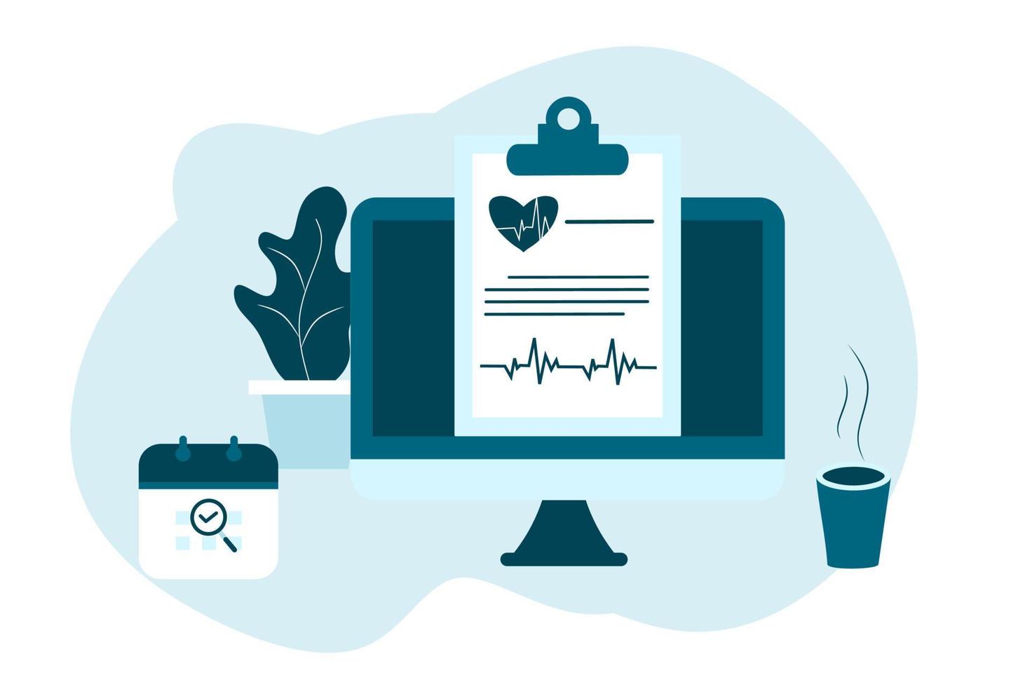 illustrazione piatta di medicina sanitaria online. consulenza e trattamento medico-sanitario online tramite l'applicazione di una clinica Internet collegata a computer. online chiedi la tecnologia di consultazione del medico. vettore