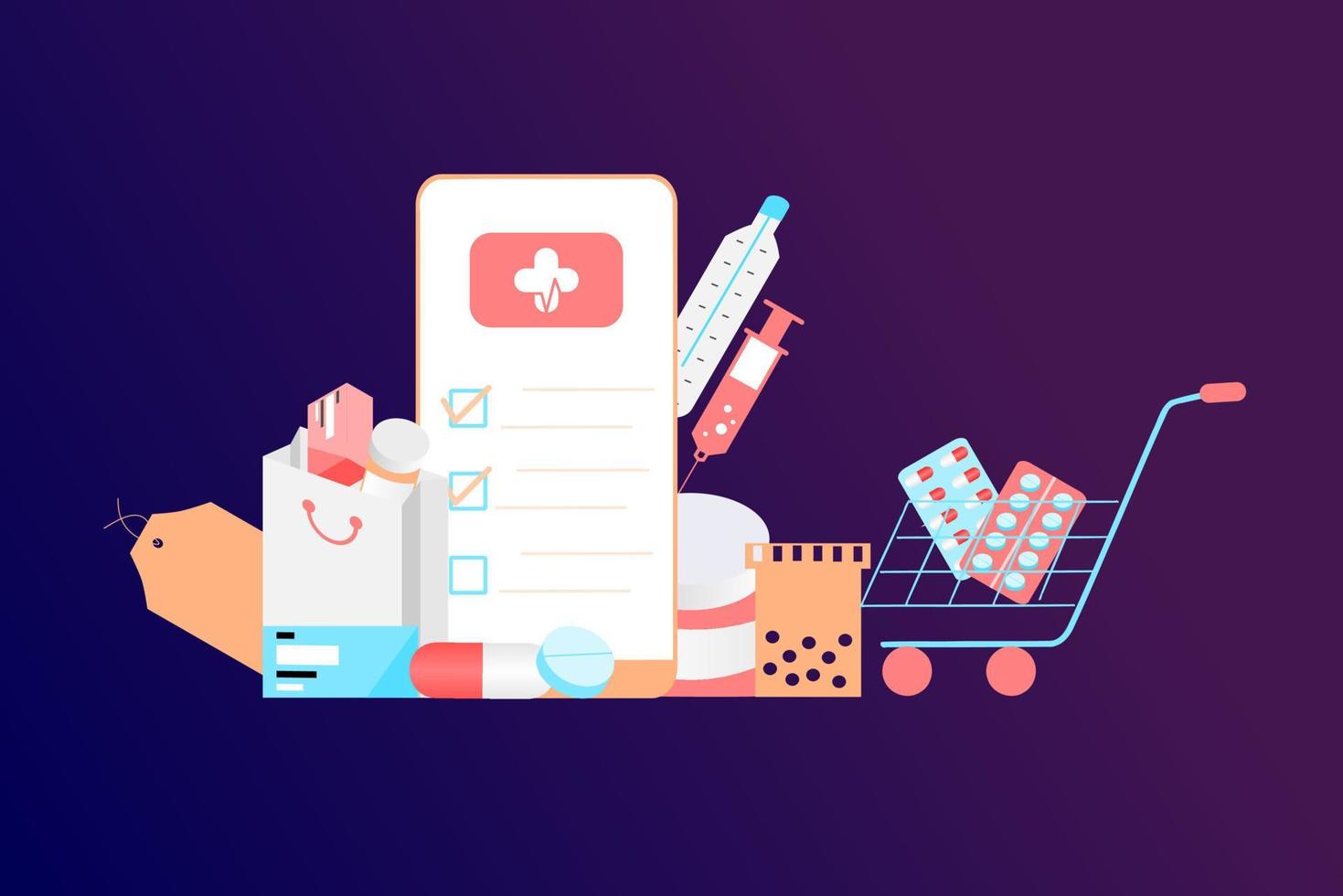 concetto di app farmacia online di assistenza sanitaria, farmacia ed e-commerce. illustrazione vettoriale di farmaci da prescrizione, kit di pronto soccorso e forniture mediche vendute online tramite web o tecnologia informatica.