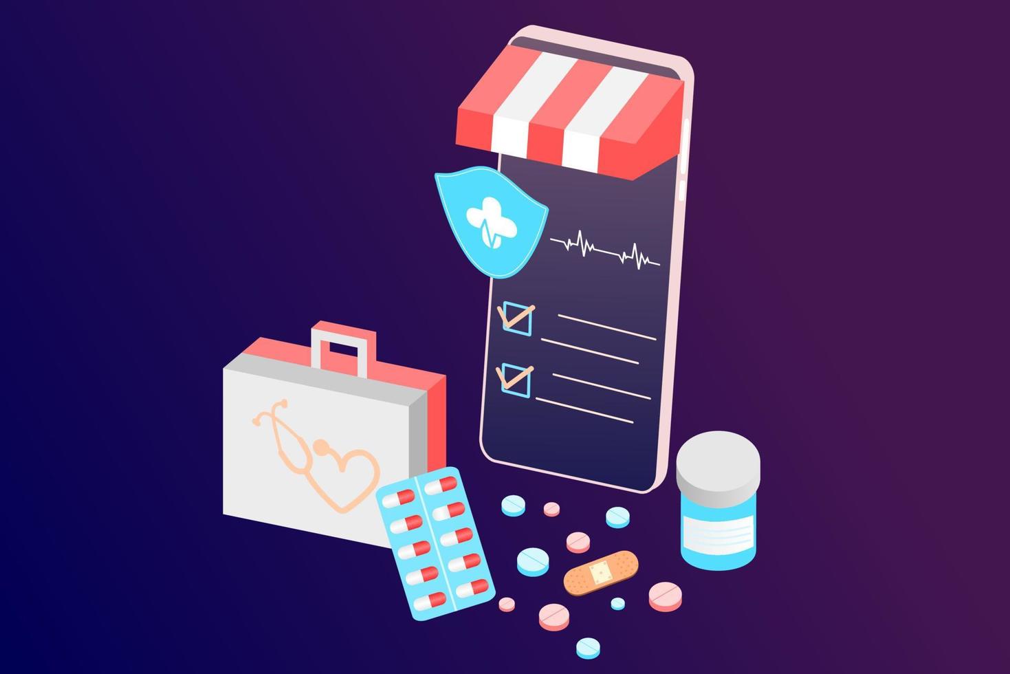 concetto di app farmacia online di assistenza sanitaria, farmacia ed e-commerce. illustrazione vettoriale di farmaci da prescrizione, kit di pronto soccorso e forniture mediche vendute online tramite web o tecnologia informatica.