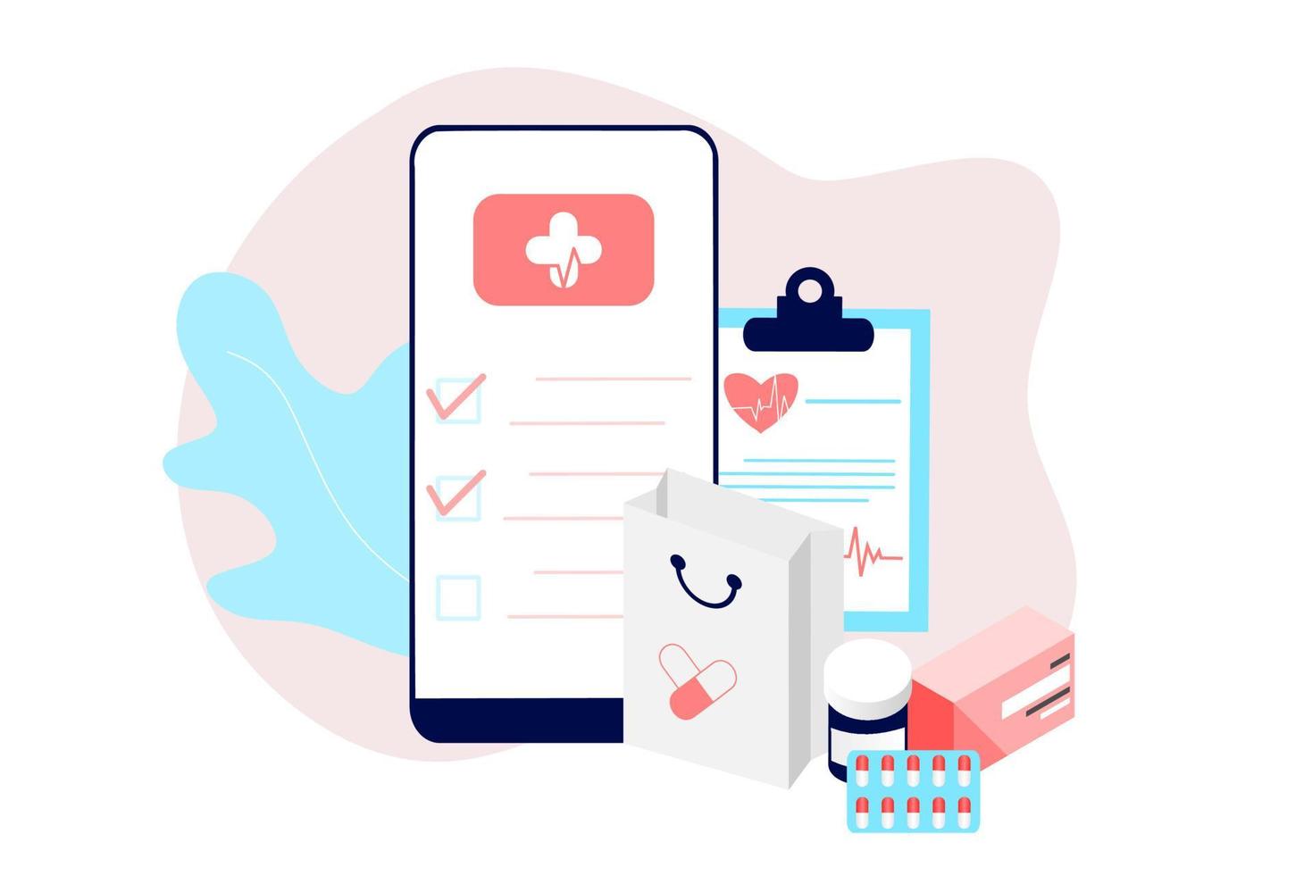 concetto di app farmacia online di assistenza sanitaria, farmacia ed e-commerce. illustrazione vettoriale di farmaci da prescrizione, kit di pronto soccorso e forniture mediche vendute online tramite web o tecnologia informatica.