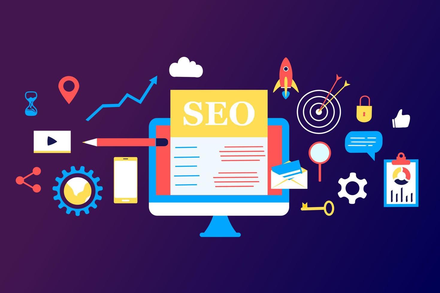 pagina di destinazione del modello isometrico di design piatto moderno di ottimizzazione dei motori di ricerca seo. analisi e ottimizzazione seo concettuale, strategie seo e illustrazione vettoriale del concetto di marketing per il sito web.