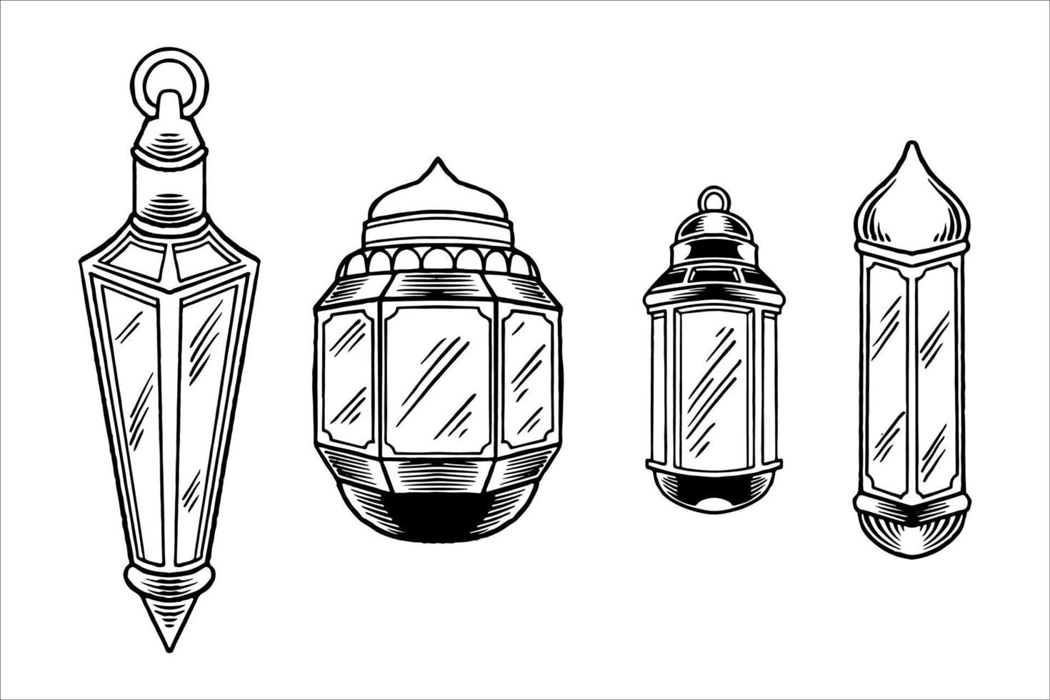 set di lanterne disegnate a mano per ramadan in stile bianco nero. vettore