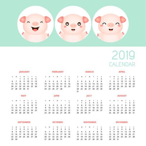 Calendario 2019 con maiali carini. vettore