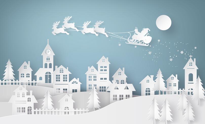 Illustrazione di Babbo Natale sul cielo che arriva in città vettore