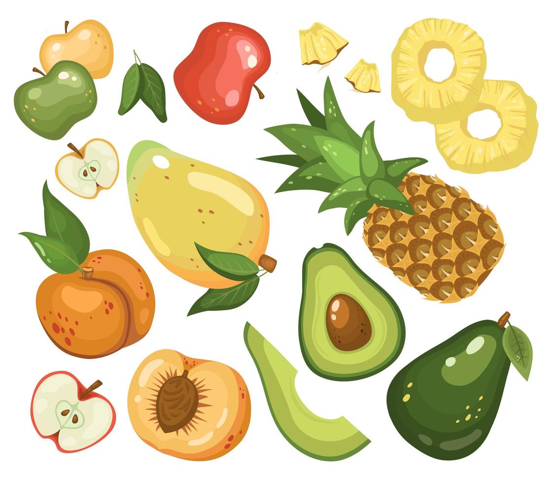 insieme di frutti. cibo vegetariano sano. mango, ananas, mele, pesca, avocado. illustrazione vettoriale in stile cartone animato