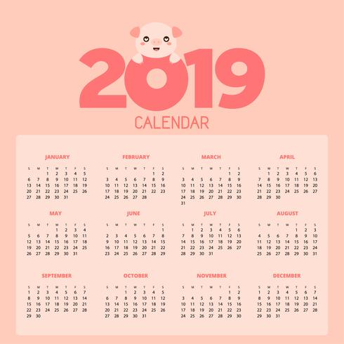Calendario 2019 con maiali carini. vettore