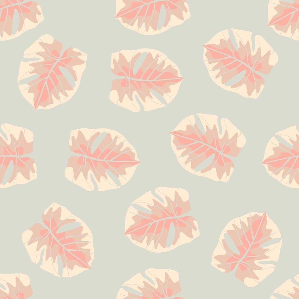 modello doodle senza cuciture pastello chiaro con sagome di foglie di monstera casuali. grafica con tavolozza morbida rosa e blu. vettore