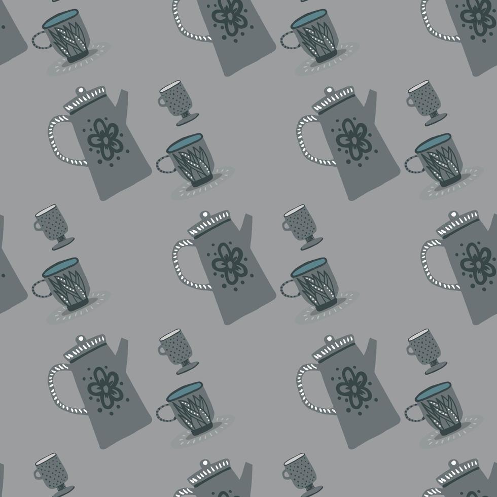 pallido motivo doodle senza cuciture con ornamento per la cerimonia del tè. stampa di piatti con tavolozza grigia. vettore