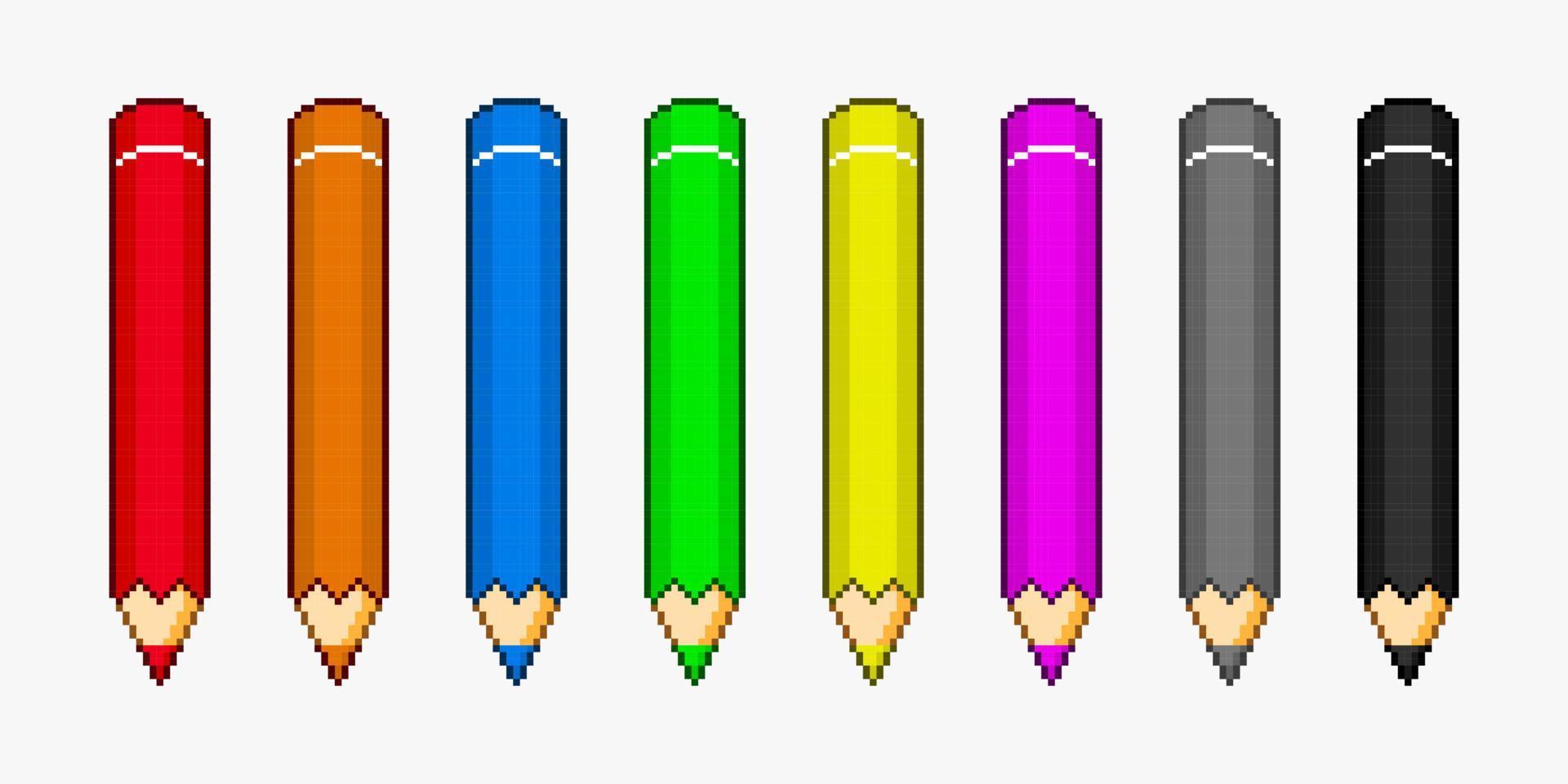set di matite colorate in stile pixel art vettore