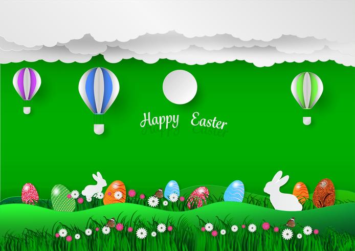 Sfondo di vacanze di Pasqua con uova su erba verde e coniglio bianco, illustrazione vettoriale Stile di arte di carta