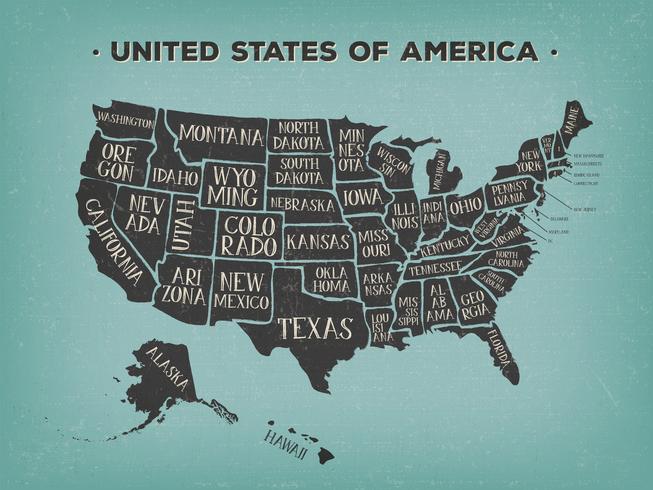 Poster vintage mappa americana con nomi degli Stati vettore