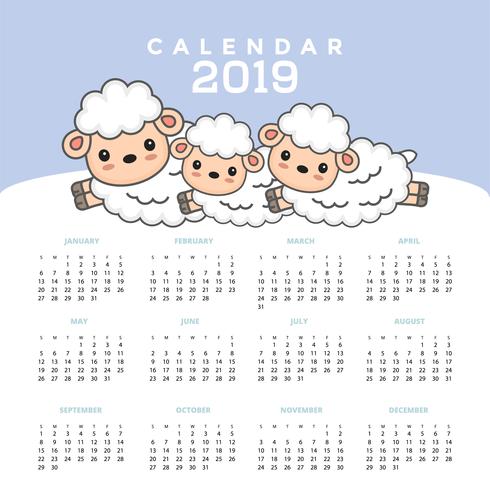 Calendario 2019 con simpatico cartone animato di pecora. vettore