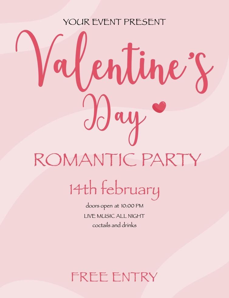 Volantino di invito a una festa romantica del 14 febbraio San Valentino. modello di poster per feste notturne con musica dal vivo, brochure di invito a eventi, biglietto regalo, pubblicità, invito serale in discoteca. vettore