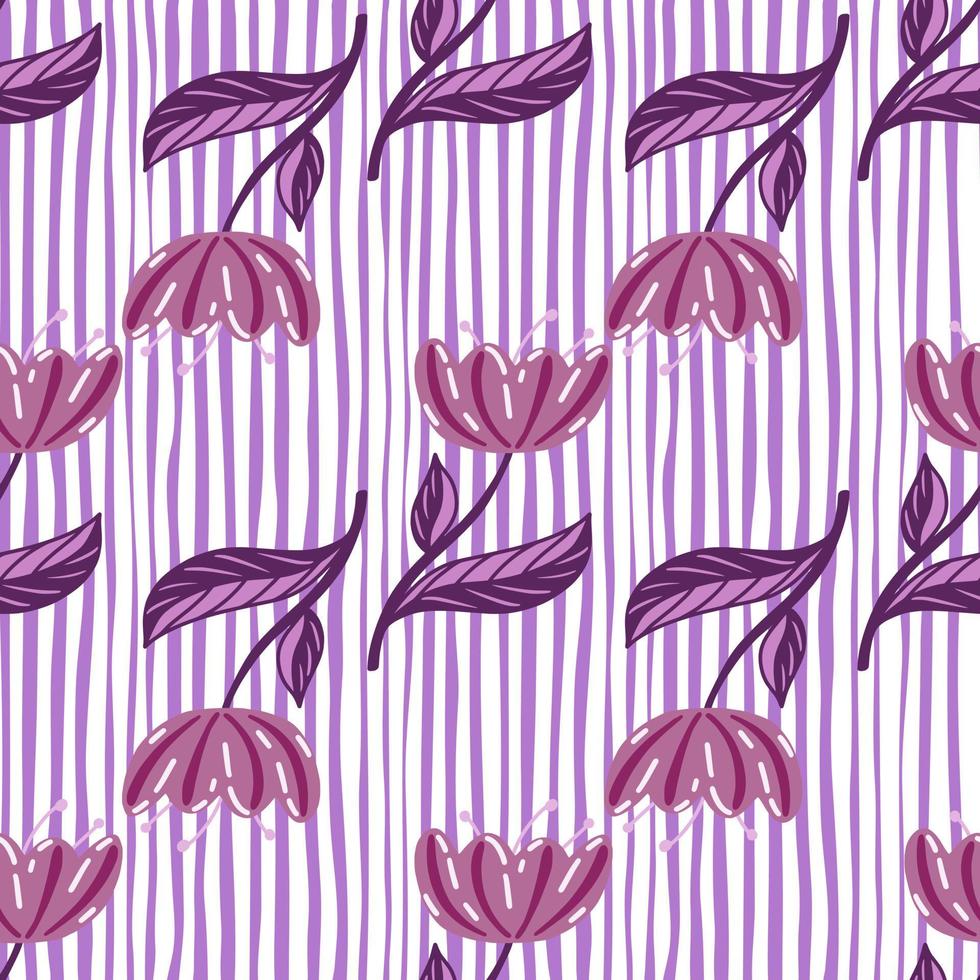 modello senza cuciture di moda con elementi di fiori di papavero viola. sfondo a righe. sfondo naturale. vettore