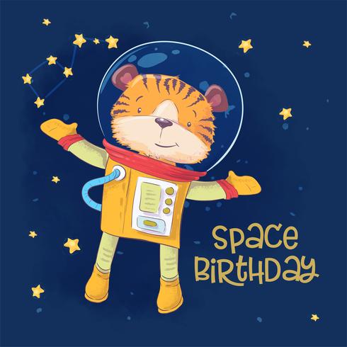 Manifesto della cartolina della tigre carina astronauta nello spazio con costellazioni e stelle in stile cartone animato. Disegno a mano vettore