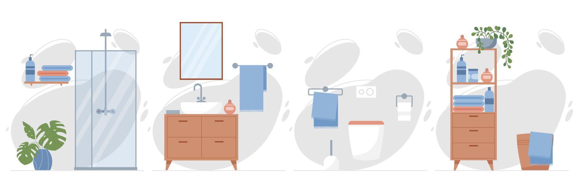 illustrazione vettoriale interna del bagno. design degli interni di bagni con doccia e servizi igienici. box doccia, mobiletto bagno con lavabo, vaso sospeso, porta asciugamani e specchio bagno.