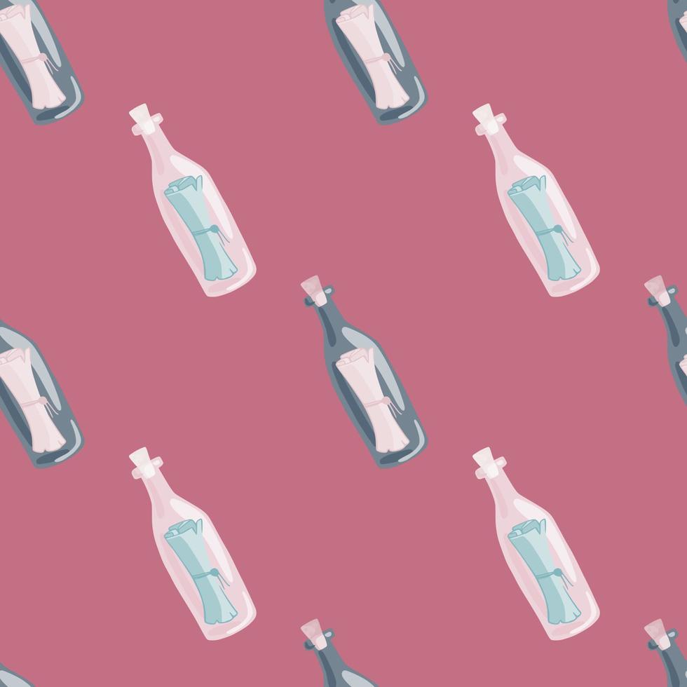 doodle senza cuciture con bottiglia blu con messaggio stampato. sfondo rosa. ornamento nautico. vettore