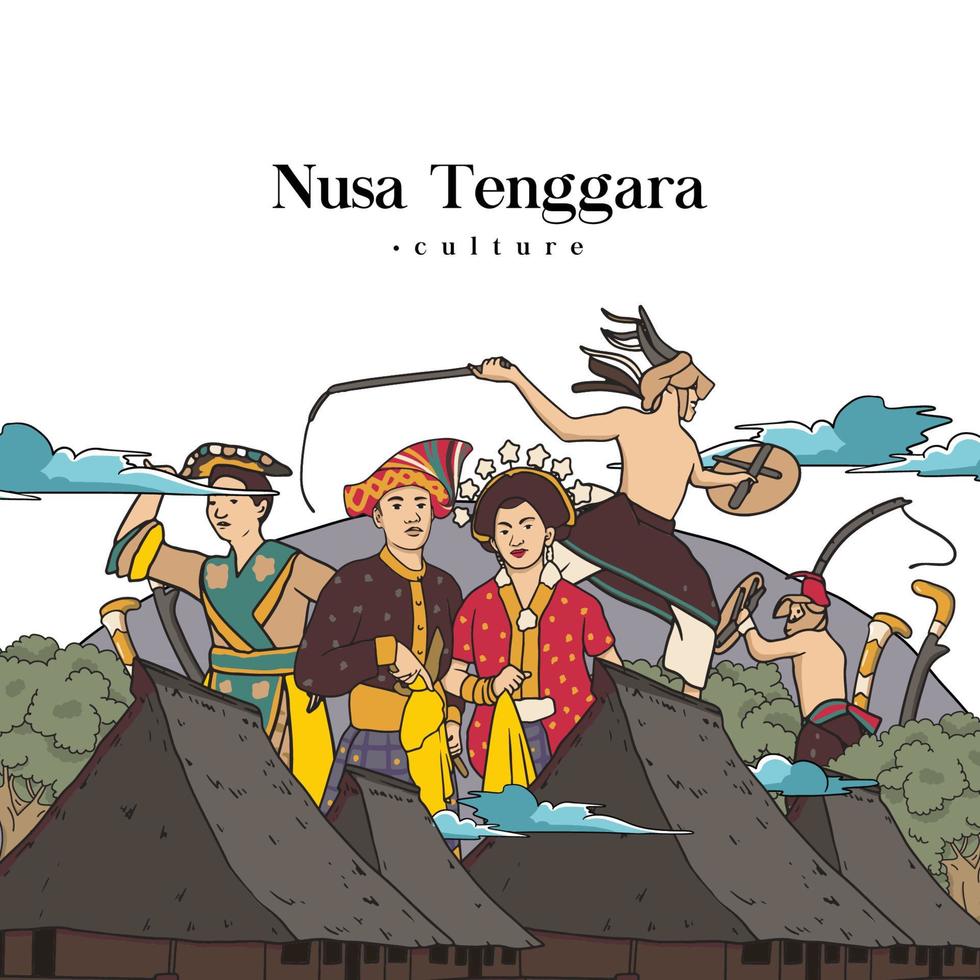 impostare la cultura di nusa tenggara e l'illustrazione del punto di riferimento. sfondo di culture indonesiane disegnate a mano vettore