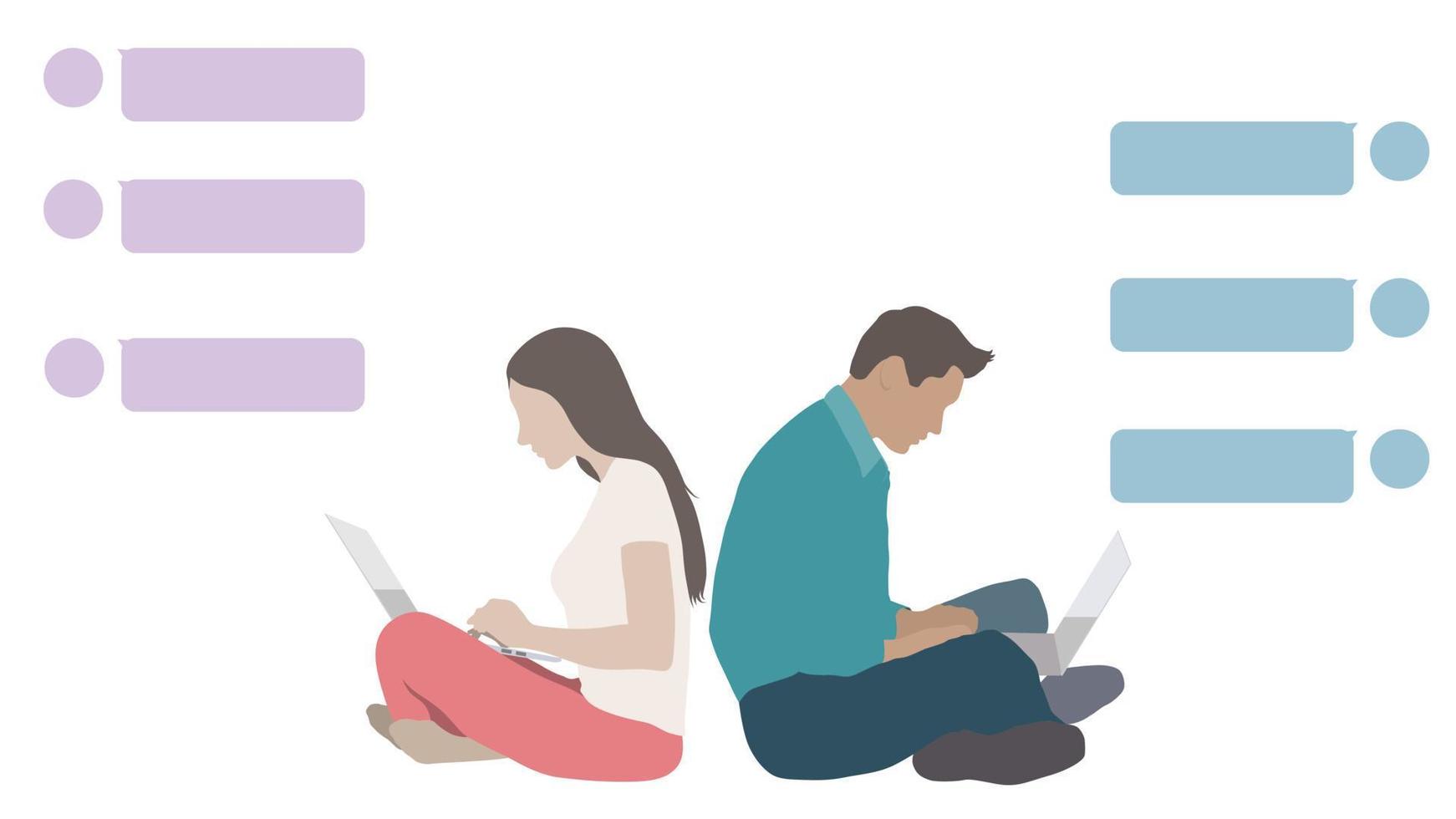 maschio e femmina seduti schiena contro schiena a lavorare su laptop. coppia in chat. comunicazione di conversazione online. vettore