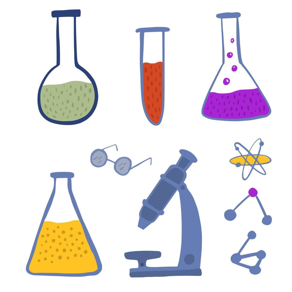 impostare le apparecchiature di laboratorio chimico su sfondo bianco. atomo medico astratto, microscopio, vetro, pallone, provetta con reagenti in stile doodle. vettore