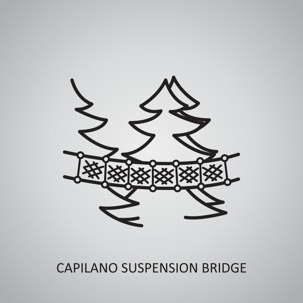 icona del ponte sospeso capilano su sfondo grigio. canada, nord vancouver. icona della linea vettore
