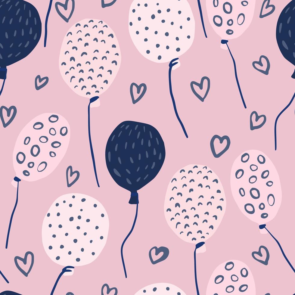 Reticolo senza giunte di vacanza romantica con palloncini e cuori onament. San Valentino stilizzato stampa casuale nei colori rosa e blu navy. vettore