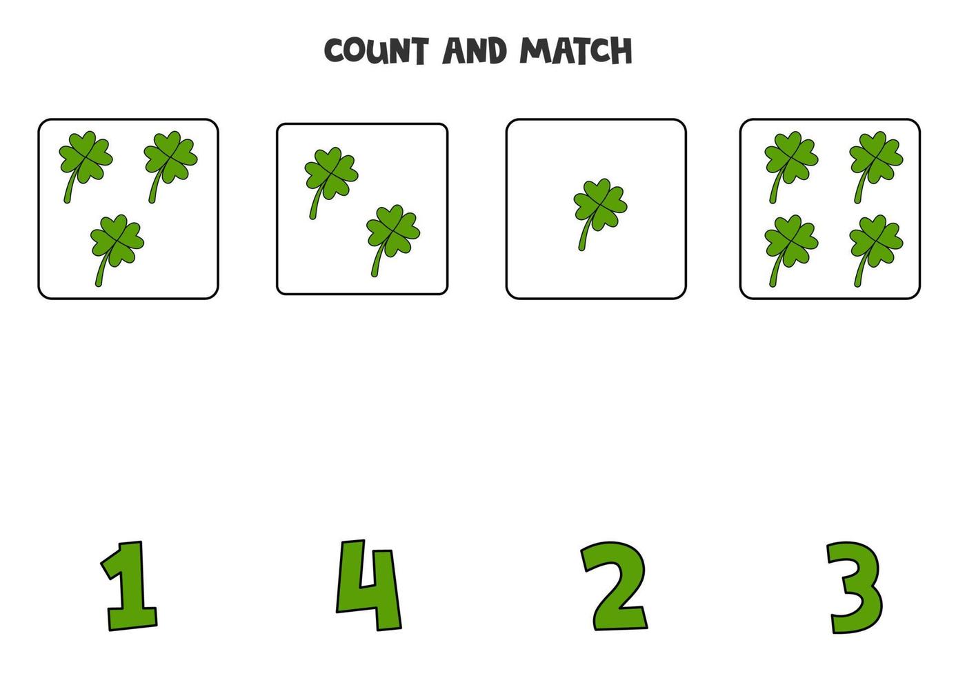 gioco di conteggio per bambini. conta tutti i quadrifogli e abbina il numero. foglio di lavoro per bambini. vettore