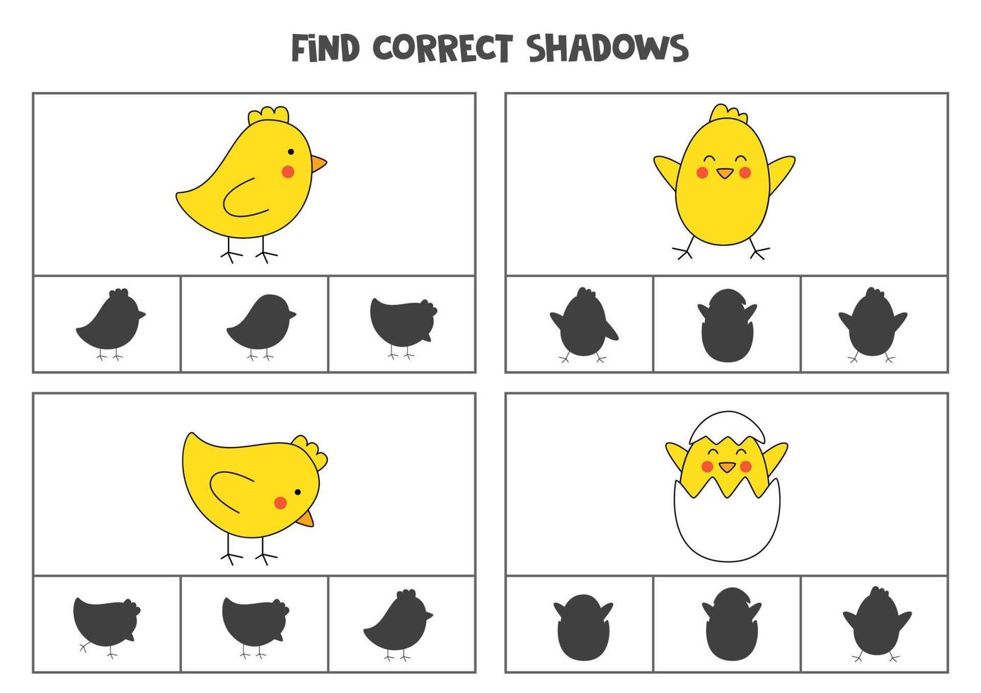 trova l'ombra corretta dei polli di Pasqua. giochi di carte clip stampabili per bambini. vettore