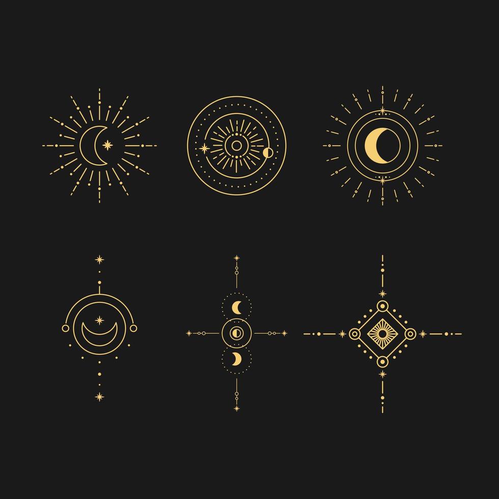 set di luna e sole line art. simboli lineari boho minimi. elemento mistico celeste. illustrazione di arte della linea vettoriale. vettore