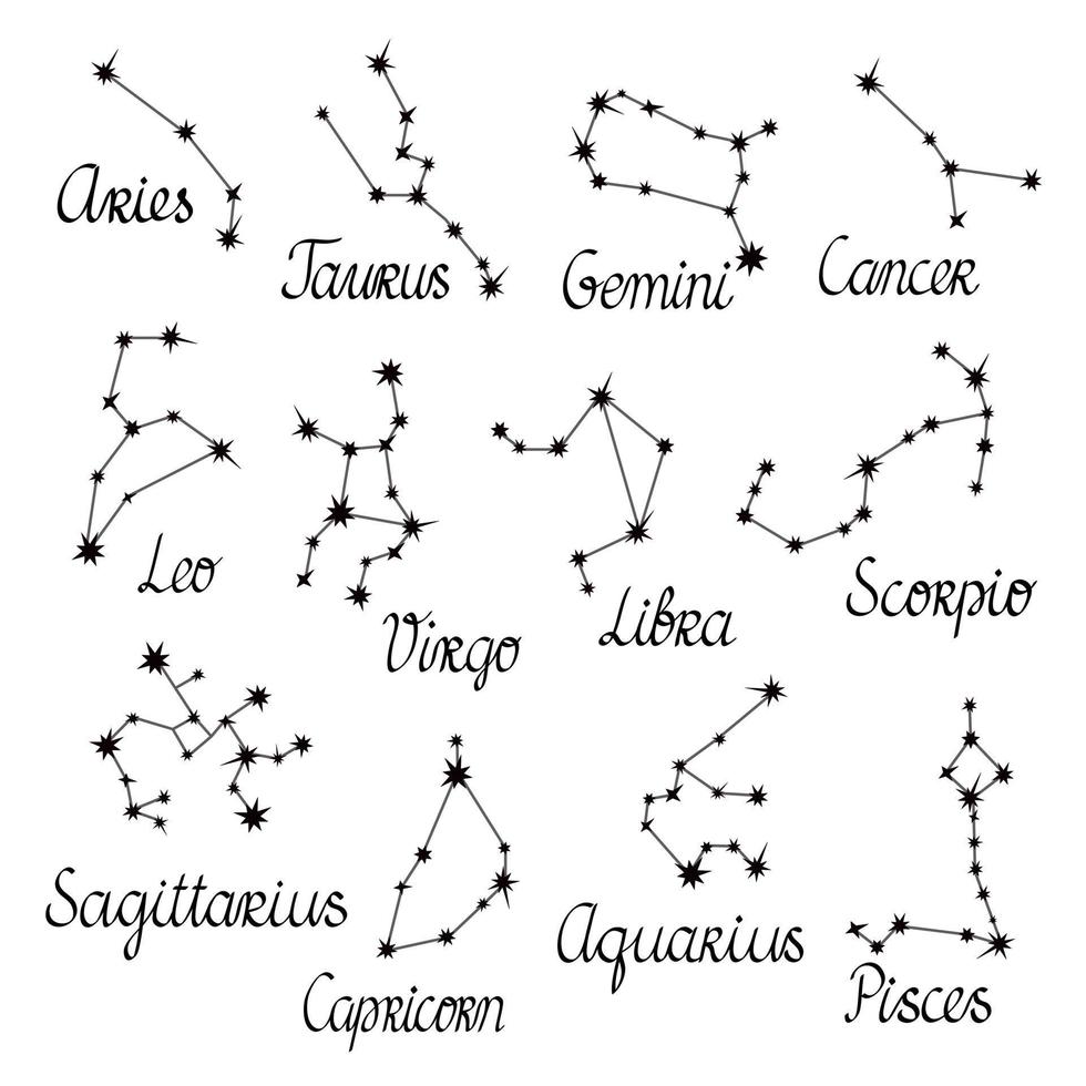 collezione di costellazioni zodiacali set di illustrazioni vettoriali semplici, simboli dell'oroscopo astrologico per la previsione di eventi futuri, stelle collegate con linee