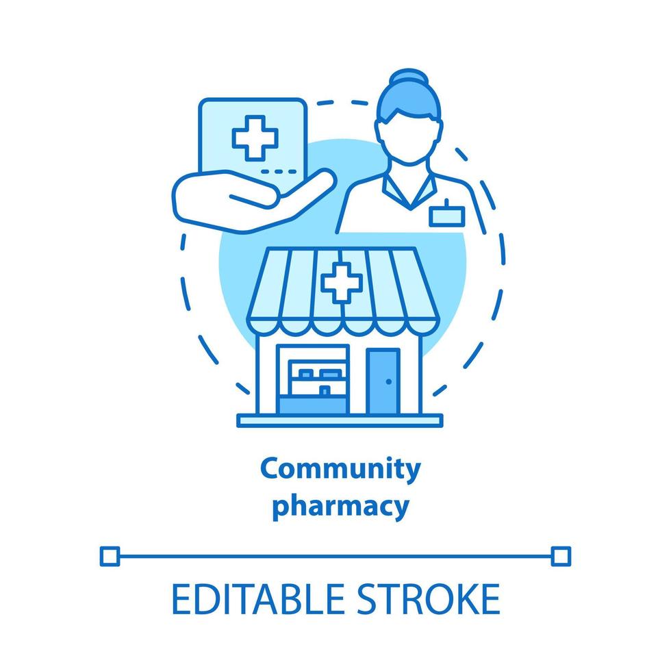 icona del concetto di farmacia comunitaria. illustrazione della linea sottile dell'idea del servizio sociale e del governo. farmacia gratuito e assicurato. farmaci scontati, medicine. disegno di contorno isolato vettoriale. tratto modificabile vettore