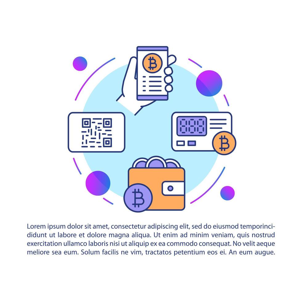 modello vettoriale della pagina dell'articolo del portafoglio bitcoin. pagamento in denaro virtuale. servizio di app bancarie. brochure, rivista, elemento di design opuscolo con icone lineari e testo. disegno di stampa. illustrazioni concettuali