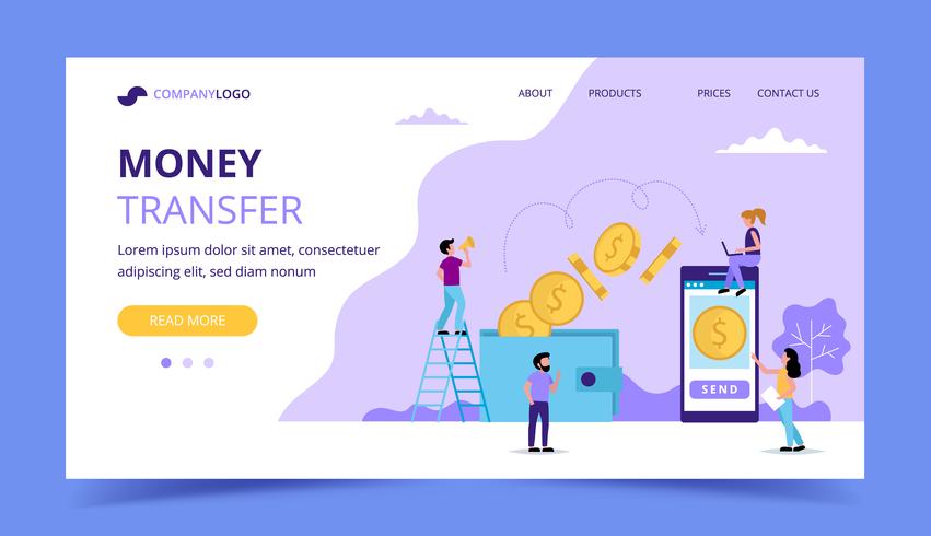 Pagina di destinazione del trasferimento di denaro, illustrazione di concetto per l&#39;invio di denaro dal portafoglio allo smartphone. vettore