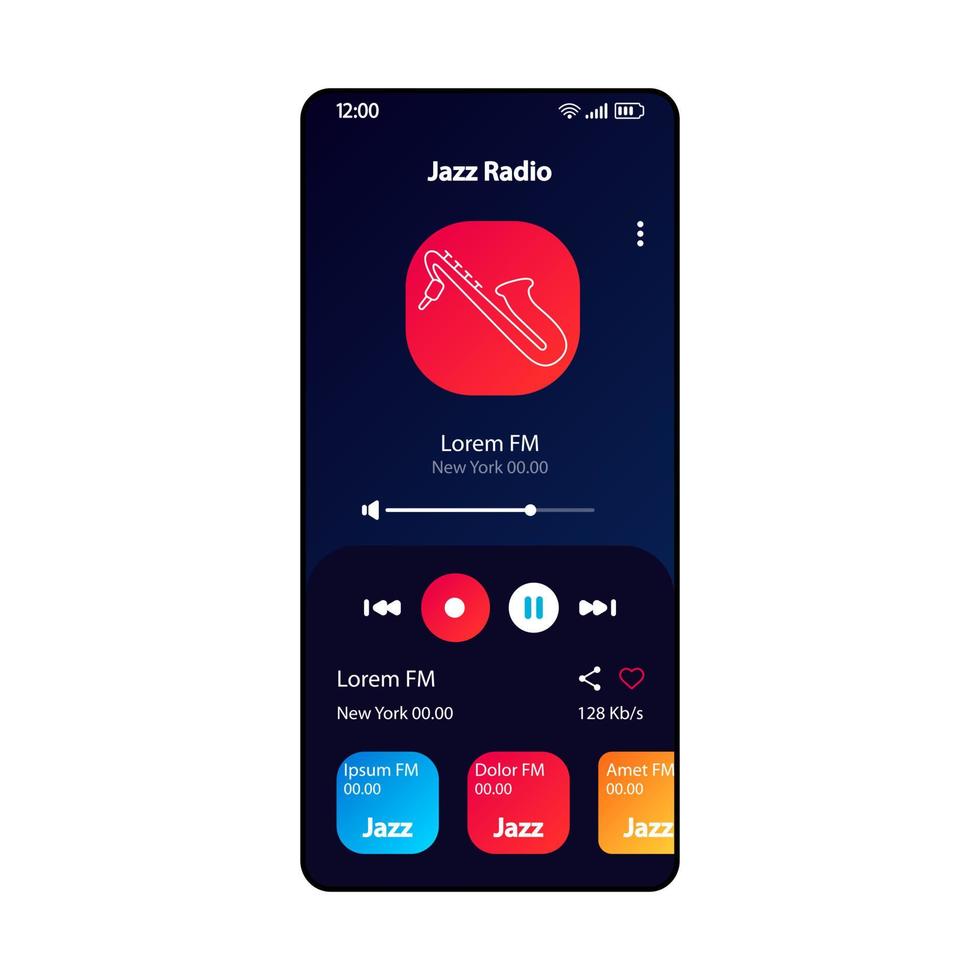 modello vettoriale interfaccia smartphone radio jazz. layout di design nero della pagina dell'app del lettore musicale mobile. album di canzoni retrò, schermata di ascolto delle playlist. interfaccia utente piatta per l'applicazione. lettore mp3. display del telefono