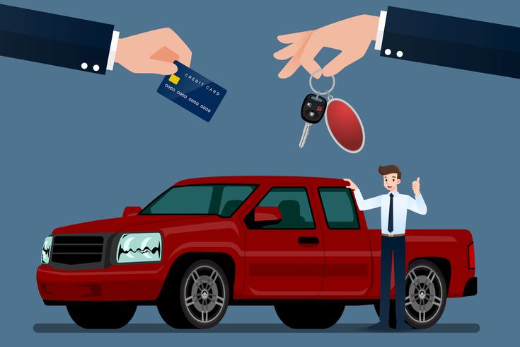 Il rivenditore di auto effettua uno scambio, una vendita, un affitto tra un&#39;auto e la carta di credito del cliente. Illustrazione vettoriale. vettore