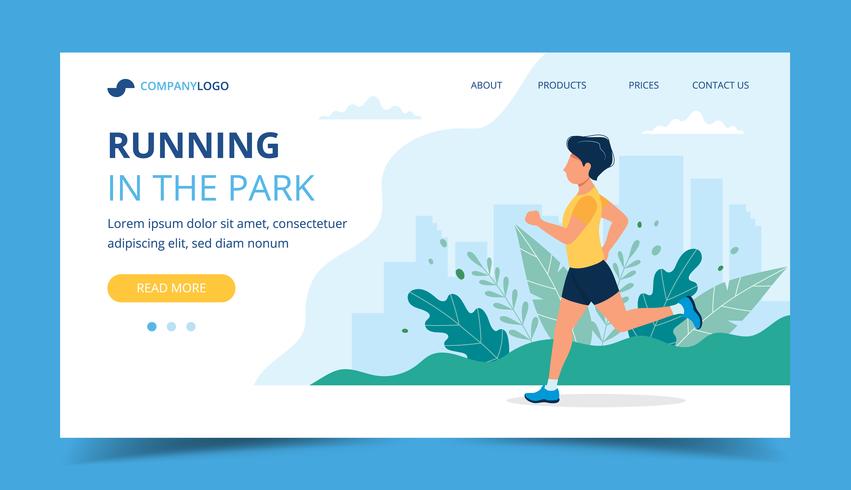 Esecuzione del modello di pagina di destinazione. Uomo che corre nel parco. Illustrazione per maratona, corsa in città, allenamento, allenamento cardio vettore