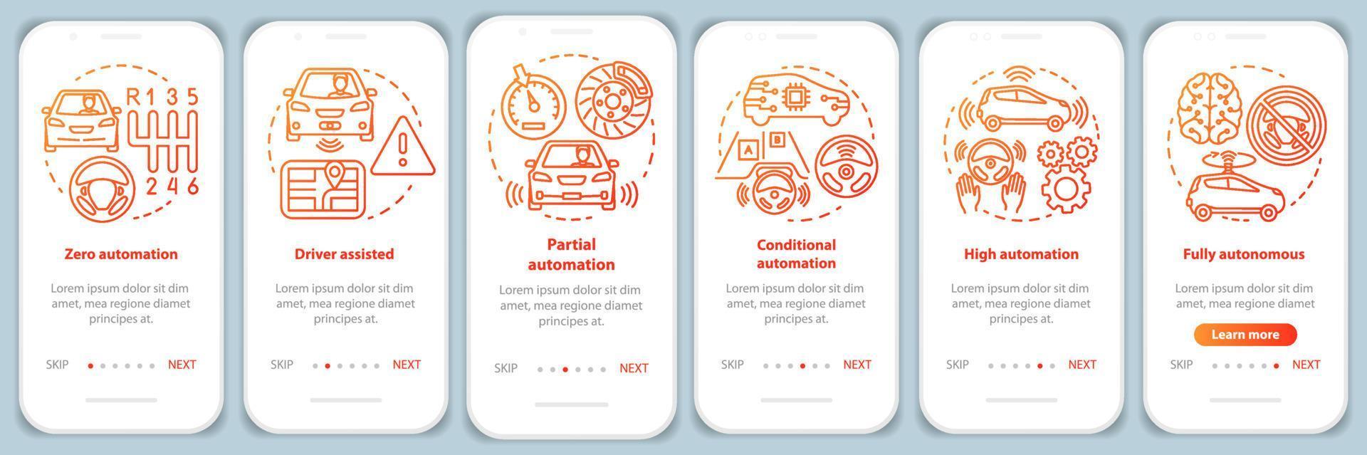 l'auto senza conducente esegue l'onboarding della schermata della pagina dell'app mobile con concetti lineari. istruzioni grafiche dei passaggi di sviluppo del veicolo. ux, ui, modello vettoriale gui con illustrazioni