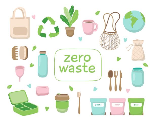 Illustrazione di concetto di spreco zero con diversi elementi. Stile di vita sostenibile, concetto ecologico. vettore