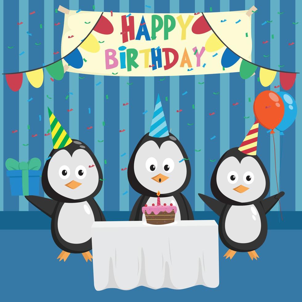set di simpatici pinguini nella festa di compleanno con torta, regalo e palloncino vettore
