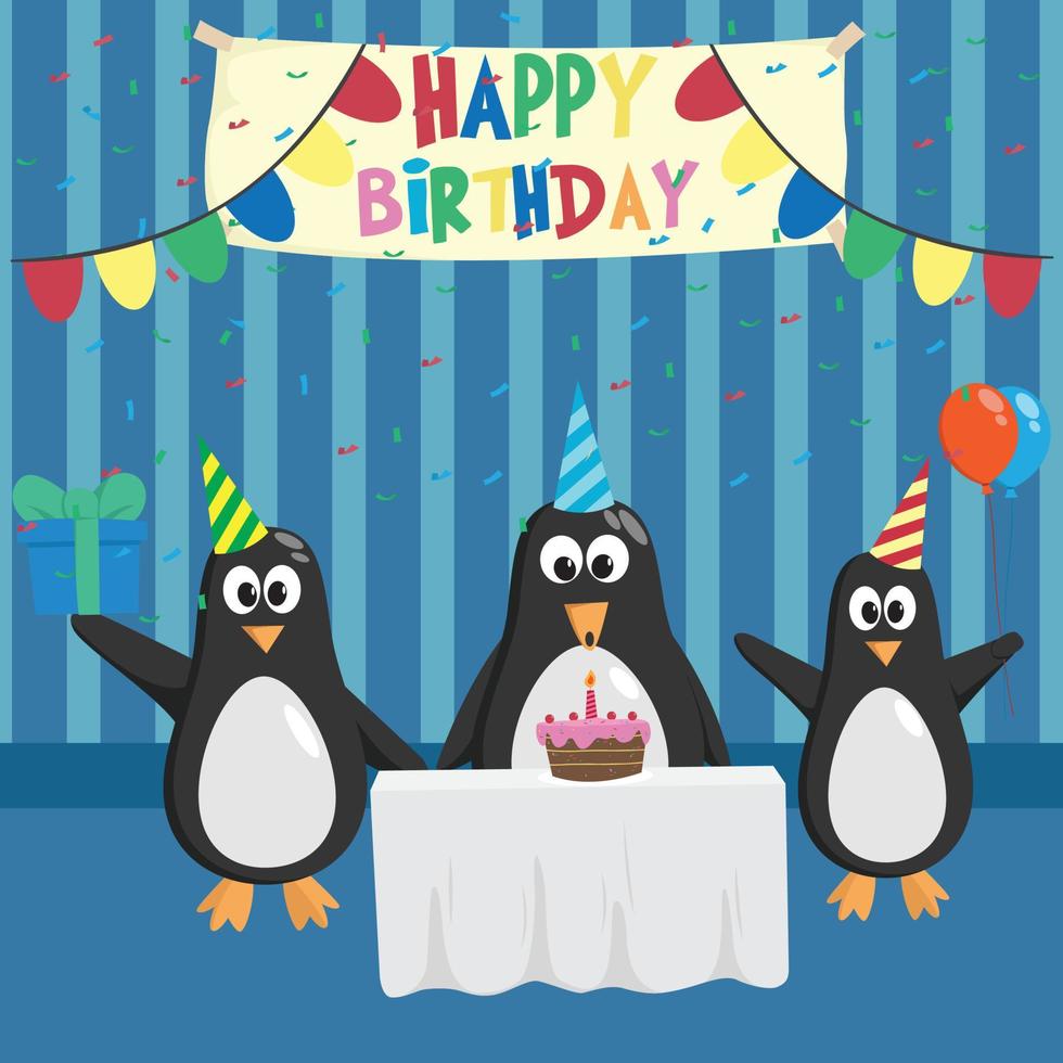 personaggio divertente pinguino nella festa di compleanno vettore