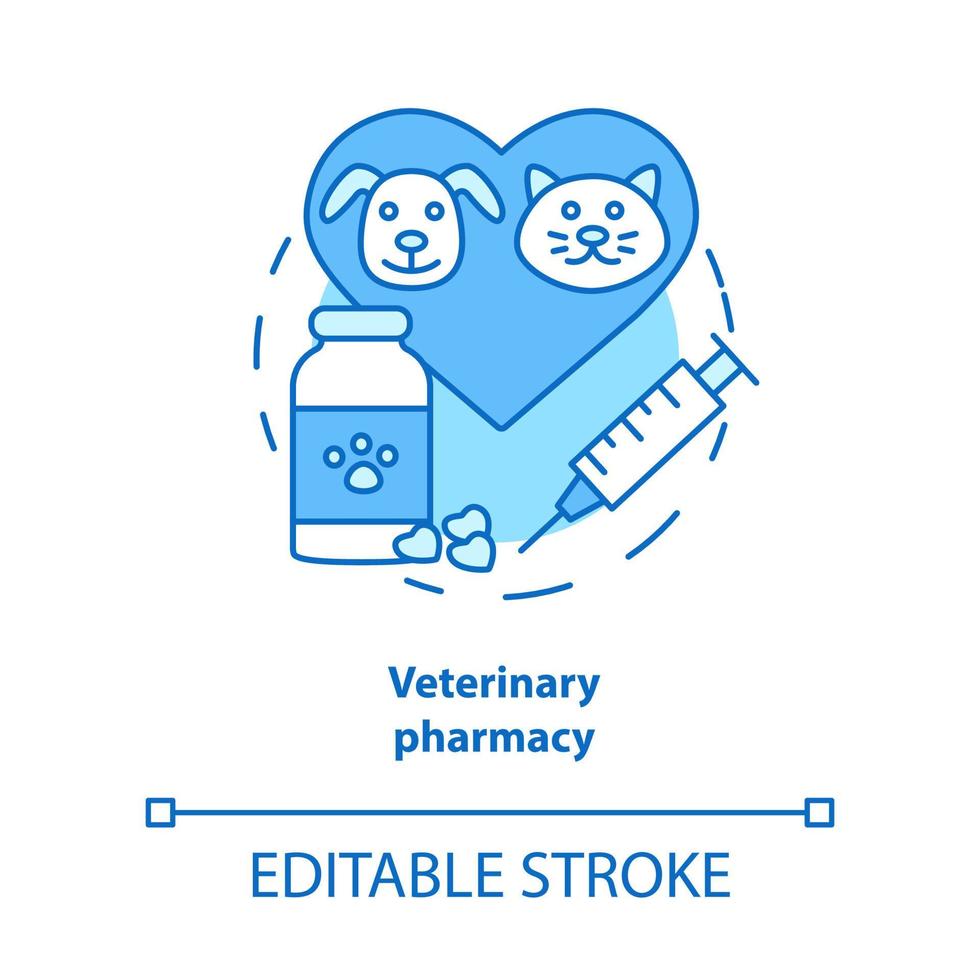 icona del concetto di farmacia. illustrazione di linea sottile di idea di prescrizione di farmaci veterinari. ricerca e trattamento di terapia medica animale. assistenza sanitaria per animali domestici. disegno di contorno isolato vettoriale. tratto modificabile vettore