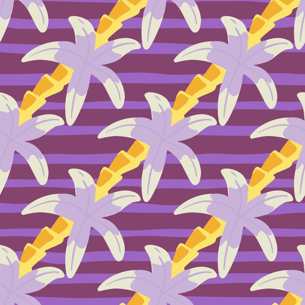 colori viola elementi della palma senza cuciture doodle pattern. sfondo a righe. sfondo tropicale della natura disegnato a mano. vettore