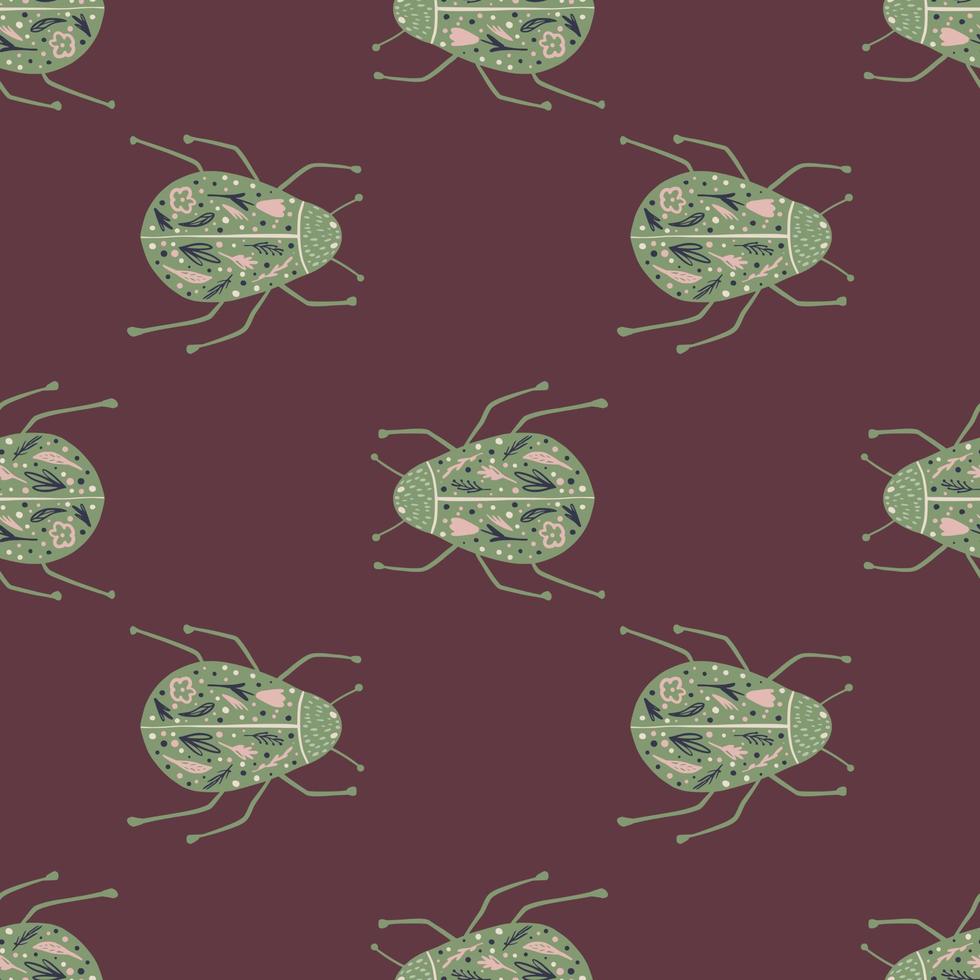 insetti verdi con motivo a doodle senza cuciture con ornamento popolare. stampa della fauna selvatica della natura su sfondo marrone rossiccio. sfondo di insetti. vettore