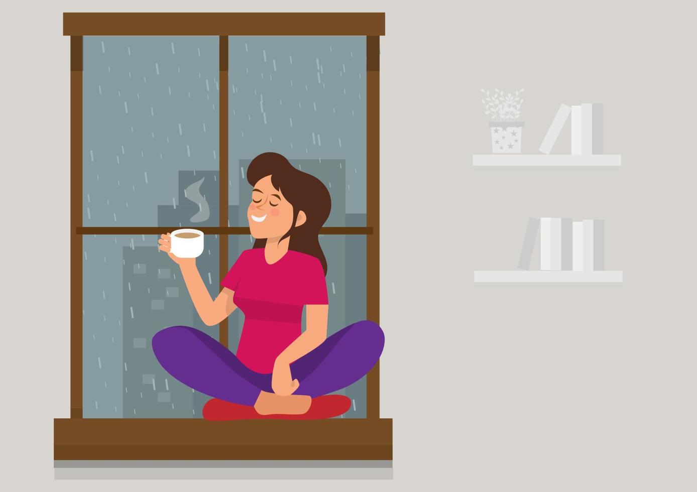 ragazza che beve caffè vicino alla finestra mentre fuori piove. vettore di illustrazione del fumetto in stile piatto