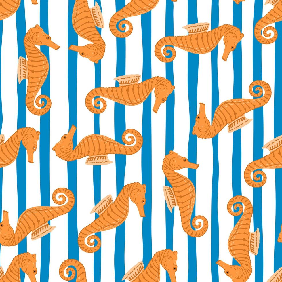 modello senza cuciture acquatico luminoso con ornamento di doodle di cavalluccio marino arancione. sfondo a righe bianche e blu. vettore