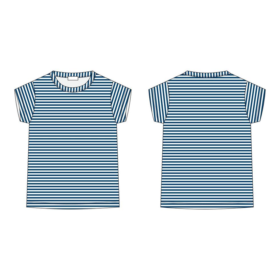 t-shirt in tessuto a righe blu isolata su sfondo bianco. disegno tecnico fronte e retro. vettore