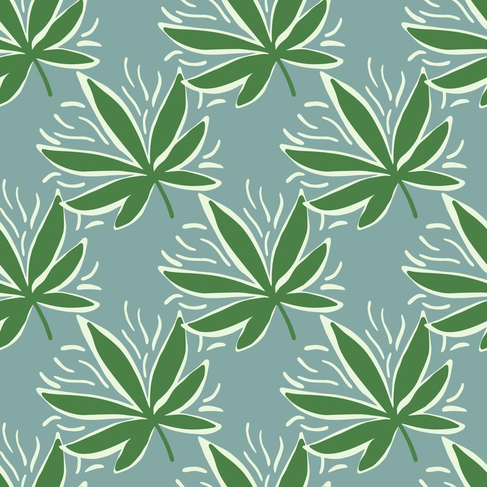 marijuana foglie verdi semplice modello senza cuciture. sagome di erbe verdi su sfondo blu. vettore