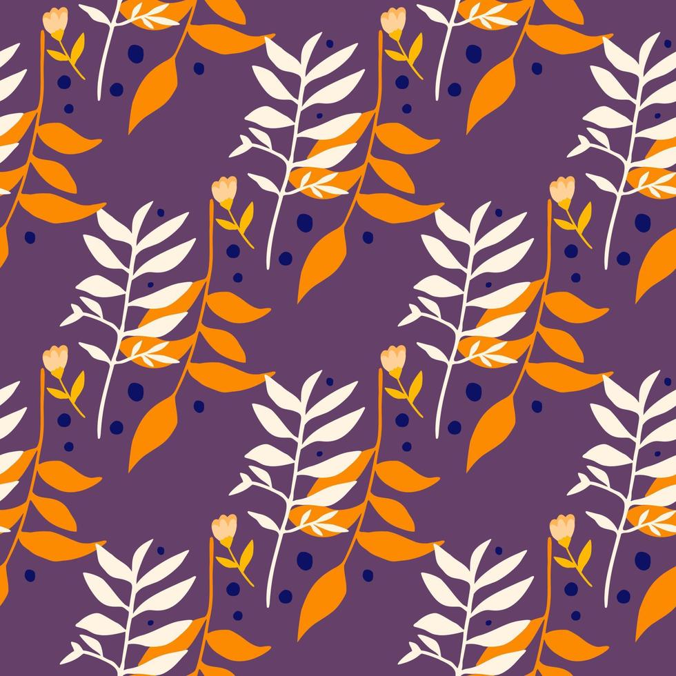 modello senza cuciture stilizzato primavera brillante con mazzi di rami di foresta. sagome di fogliame nei toni del bianco e dell'arancione su sfondo viola. vettore