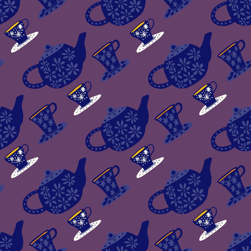 modello scuro senza cuciture per la cerimonia del tè. doodle elementi in colore blu navy su sfondo viola. vettore