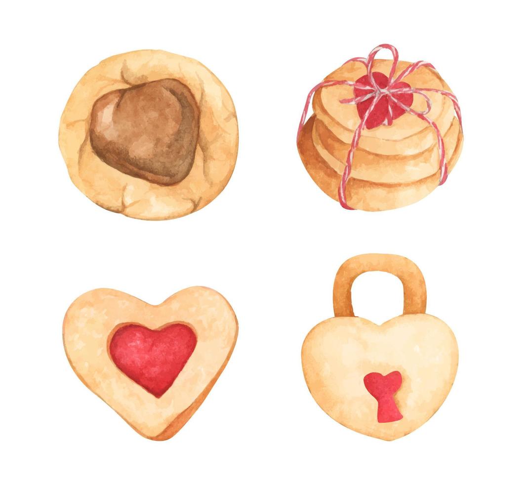 set di biscotti a forma di cuore. illustrazione ad acquerello. San Valentino. vettore